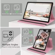 Pink rotating case for Galaxy Tab A9 Plus 11-inch, demonstrating multiple adjustable viewing angles in landscape and portrait modes