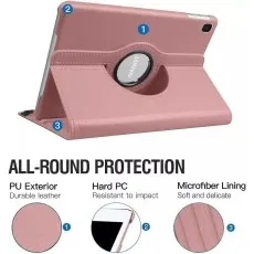 Back view of pink 360° rotating case on Samsung Galaxy Tab A9 Plus 11, highlighting PU leather, hard PC, and microfiber lining