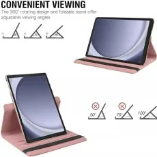 Pink 360° rotating case for Samsung Galaxy Tab A9 Plus 11 displaying adjustable stand angles for convenient viewing