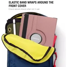 Pink 360° rotating leather case for Galaxy Tab A9 Plus 11 in a backpack, showing elastic band closure