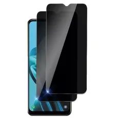 Two dark privacy screen protectors positioned above an HTC Desire 20 Plus smartphone