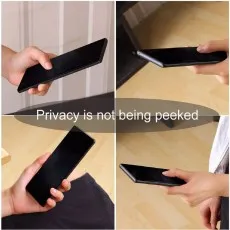 Four images showing hands holding a phone with a dark screen, implying privacy protection.