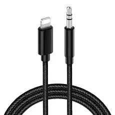 Close-up view of a black iPhone aux cable with a Lightning connector on one end and a 3.5mm audio jack on the other, featuring a braided design