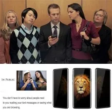 Privacy screen protector demonstration man using phone in public, others can't see screen. Lion wallpaper visible head-on.