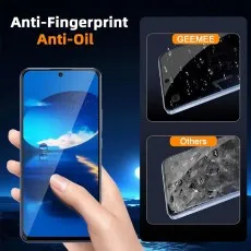 anti-fingerprint, anti-oil privacy glass. Clean screen vs. smudged Others. Hand holding phone.