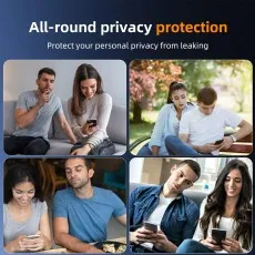 All-round privacy protection collage showing people using phones while others try to peek at their screens in various social settings.