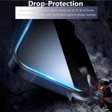 Drop-protection screen tempered glass resists 33 lb force against drops and bumps.