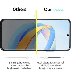 Privacy+ screen protector (right) offers clear, adjustable visibility vs. dimmer Others (left) needing max brightness.