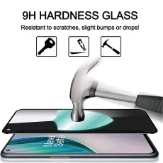 9H hardness glass screen protector. being struck by a hammer. Icons show resistance to keys, knives, and hammers.