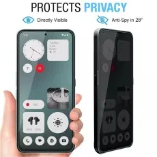 directly visible head-on, anti-spy at 28°. Hand holding phone showing widgets.