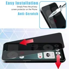Easy-install, anti-scratch privacy protector Application shown with arrows. Knife testing scratch resistance.