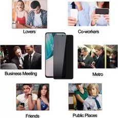 Privacy screen protector. Collage shows scenarios where privacy is needed lovers, co-workers, business meeting, metro, friends, public places