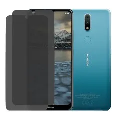Front and back of a teal Nokia 2.4 next to two privacy screen protectors