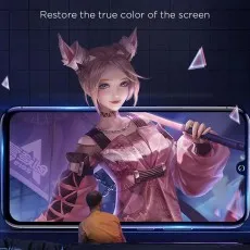 Privacy screen protector on a phone displaying vibrant anime art, emphasizing true color restoration.