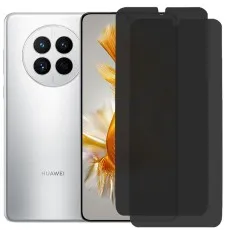 Silver Huawei Mate 50 with privacy screen partially applied, two spares beside it