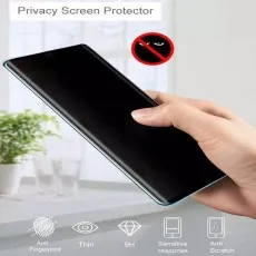 showing a darkened display. Icons for anti-fingerprint, thin, 9H hardness, sensitive response, and anti-scratch.