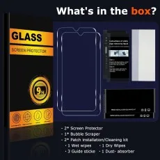 Realme C15 Packaging of a 9H tempered glass screen protector with included accessories for installation.