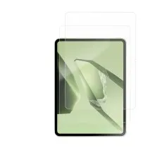 Oppo Pad 3 2024 screen protector 2-pack, showing two clear tempered glass protectors overlapping on top of a tablet with a green abstract wallpaper