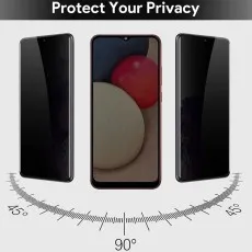 Privacy screen protector for Samsung Galaxy A03 showing screen visibility from 90° and 45° angles