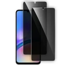 Samsung Galaxy A04 Core with two black privacy screen protectors