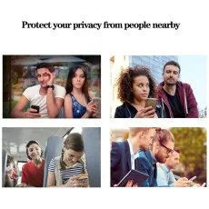 Protect your privacy from people nearby with four images showing people using phones, some with others looking on