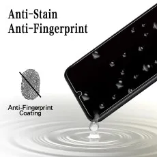 Smartphone screen with water droplets, displaying Anti-Stain Anti-Fingerprint text and a crossed-out fingerprint icon