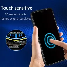 Touch-sensitive screen protector diagram and a hand tapping a smartphone screen with blue circles