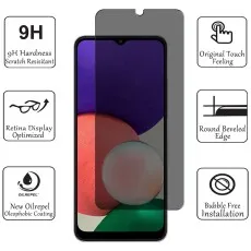 A Samsung Galaxy smartphone with a screen protector and icons highlighting its features.