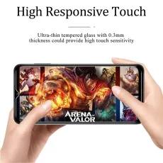 Hands hold phone displaying Arena of Valor game, promoting High Responsive Touch screen protector