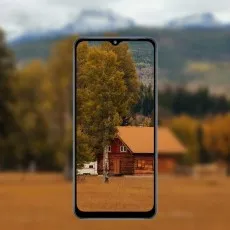 A FiiMoo privacy screen protector on a Samsung Galaxy F12 displaying a cabin with autumn trees