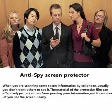 A man uses his phone in an elevator, surrounded by others looking bored or annoyed. Anti-Spy screen protector