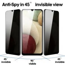 Three smartphones demonstrate an anti-spy screen invisible at 45 degrees, visible at 90 degrees