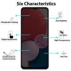 A smartphone with screen protector features like oleophobic coating, zero bubbles, and ultra-thin