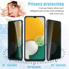 A woman peers through torn paper at a privacy screen protector on a phone, displaying 45° invisible & 90° visible angles