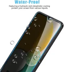 Water droplets bead on a phone screen, highlighting the Water-Proof screen protector's hydraulic and oleophobic coating