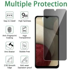 Graphic detailing screen protector features like 9H hardness, anti-fingerprint, shatter, and bubble-free