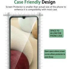 A ruler measures a phone screen and a Case Friendly screen protector, showing space for a phone case