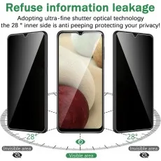 Privacy screen protector shown on phones; visible central, invisible at 28-degree angles