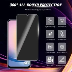 A phone and screen protector with icons detailing 360° protection, 9H hardness, anti-oil, and more