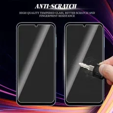 Two phone screens one pristine, the other scratched by a key, demonstrating ANTI-SCRATCH screen protector's durability