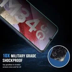 Close-up of a Samsung M34 5G with a 10x military-grade shockproof screen protector, showing a cracked screen insert