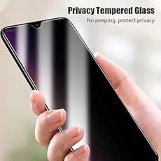 A hand holds a smartphone with a Privacy Tempered Glass screen, obscuring the view from an angle
