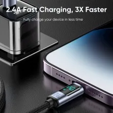 DCN02 2.4A USB-A to Lightning Fast Charging Cable 1.2m with Digital Display - Black | iPhone Charger Lead | Free Shipping UK