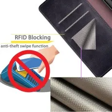 Close-up of RFID blocking layer in Samsung Galaxy S22 wallet case, highlighting anti-theft protection for credit cards and personal data