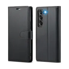 Front and back view of black leather wallet case for Samsung Galaxy S22 series with magnetic clasp and precise camera cutout