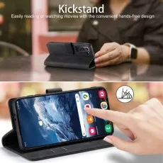 Samsung Galaxy S22 leather wallet case in kickstand mode, showing hands-free viewing for reading or watching movies