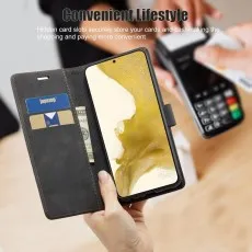 Samsung Galaxy S22 wallet case with hidden card slots, displaying cards and cash for convenient shopping and payments