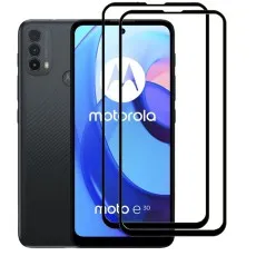 Motorola Moto E30 smartphone with two black edge tempered glass screen protectors
