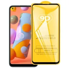 A black smartphone and a yellow 9D Glass Shield screen protector packaging