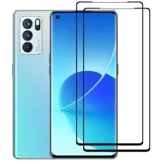 Oppo Reno6 smartphone with two black edge tempered glass screen protectors